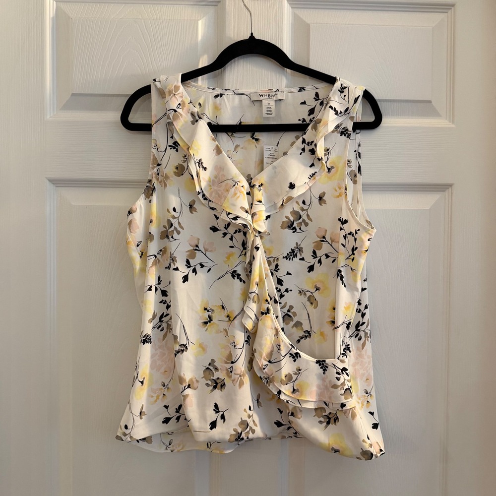 White House Black Market Surplice Ruffle Shell White Floral M Boho Work Office